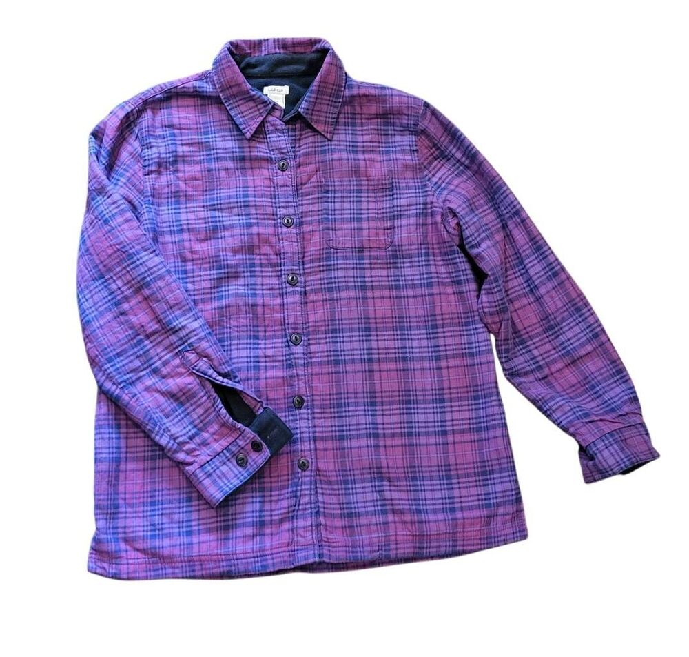 Vintage L.L Bean Shirt Jacket Women's Medium Purple Plaid Fleece Lined Cozy